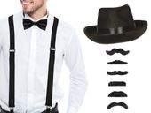 Zestaw gangstera retro lata 20 kapelusz szelki muszka mucha czarna