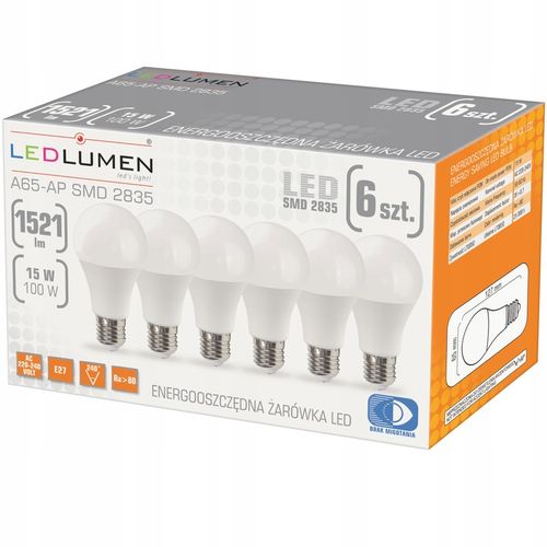 Zestaw 6x Żarówka LED E27 15W=100W 1521lm 240° Brak Migotania Ciepła na Arena.pl