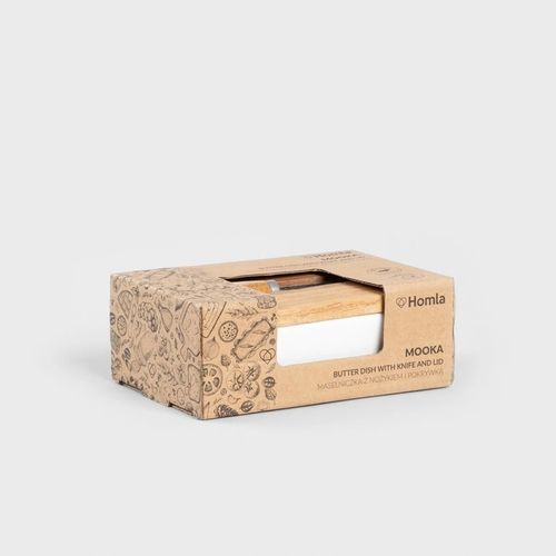 Maselniczka MOOKA porcelanowa z nożykiem i akacjową pokrywką biała na Arena.pl