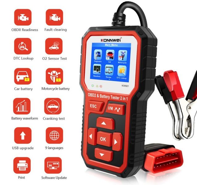 Tester do Akumulatorów KW681 Interfejs Diagnostyczny OBD2 2w1 zdjęcie 3