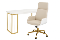 Biurko białe glamour złote nogi + biurowy fotel obrotowy biało beżowy