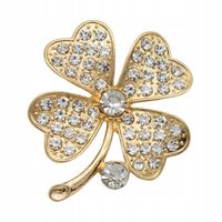 Piękna broszka wysadzana lśniącymi cyrkoniami koniczynka kolor złoty 4,5cm