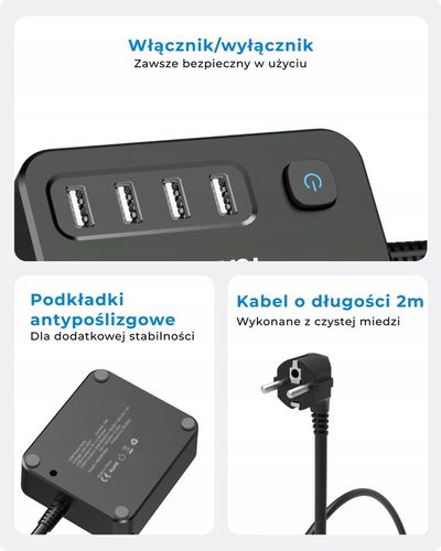 Voomy S2 6-w-1 Listwa Zasilająca: 2x Gniazda, 4x USB 3.1A, 4000W, 2m Kabel na Arena.pl