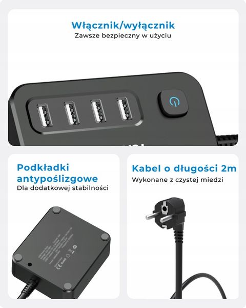 Voomy S2 6-w-1 Listwa Zasilająca: 2x Gniazda, 4x USB 3.1A, 4000W, 2m Kabel zdjęcie 4