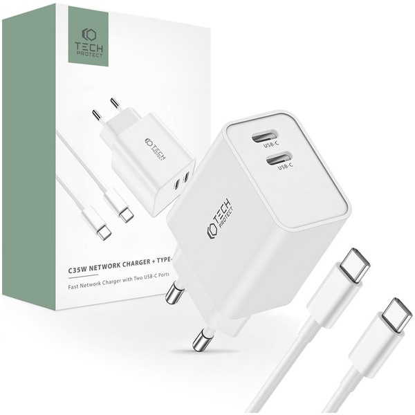 tech-protect c35w 2-port network charger pd35w + type-c cable white zdjęcie 1