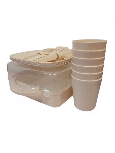 ZESTAW PIKNIKOWY 32 ELEMENTY KUBKI SZTUĆCE POJEMNIK PRZENOŚNY na Arena.pl