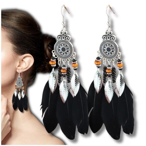 Kolczyki etniczne długie boho wiszące pióra czarne na Arena.pl