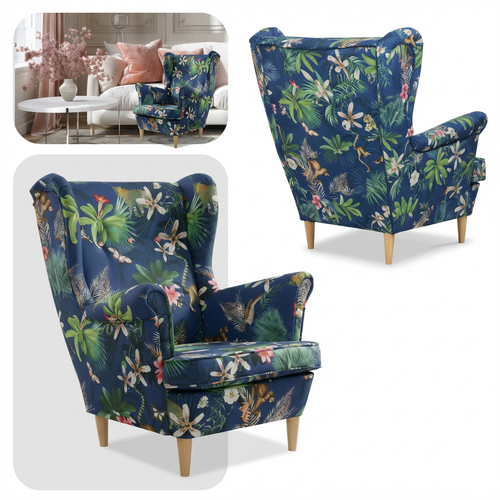 Fotel uszak skandynawski wzorzysty niebieski liście Ari Print Family Meble na Arena.pl