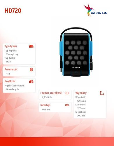 Adata DashDrive Durable HD720 1TB 2.5'' USB3.0 Niebieski na Arena.pl