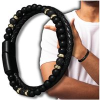 Bransoletka męska z naturalnej skóry i kamieni z ozdobnymi pierścieniami