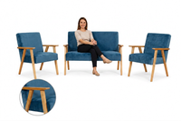 Zestaw wypoczynkowy sofa 2-os 2 fotele retro vintage tkanina niebieski
