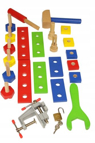 Drewn warsztat majsterkowicz tablet kłódka skrzynka 24 elementy + IMADŁO !! na Arena.pl