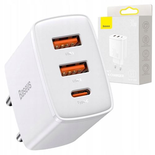 BASEUS SZYBKA ŁADOWARKA SIECIOWA KOSTKA 2x USB USB C 30W MOCNY ZASILACZ 3A na Arena.pl