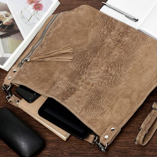 VERA PELLE torebka zamszowa worek kroko z paskiem na ramię V476 taupe na Arena.pl