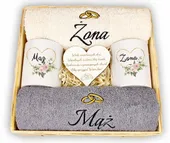 PREZENT NA ŚLUB WESELE ZESTAW DLA PARY MŁODEJ RĘCZNIKI Z HAFTEM KUBKI KOSZ