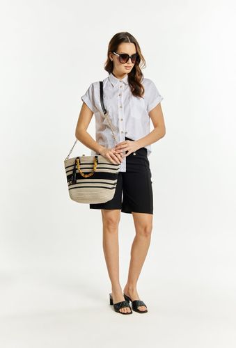 Monnari - duża torebka koszyk pleciony pasy BAG1140-020 czarny kremowy na Arena.pl