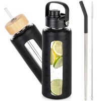 Butelka na wodę szklana z silikonowym pokrowcem i wymiennymi zakrętkami