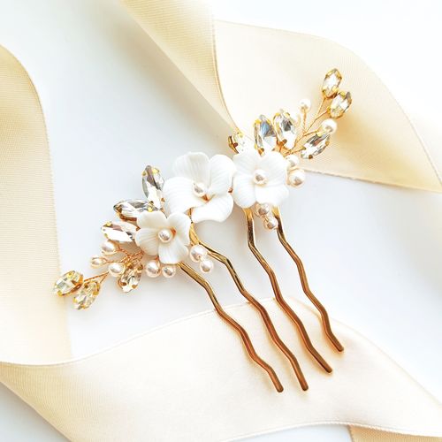 Złoty grzebień z kwiatkami kwiatowy BOHO glam z perłami ozdoba do włosów na Arena.pl