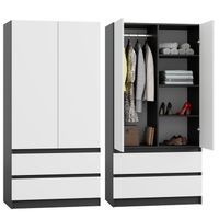 SZAFA ANTRACYT BIAŁA GARDEROBA DUŻA NA UBRANIA OTWIERANA SZUFLADY 90cm