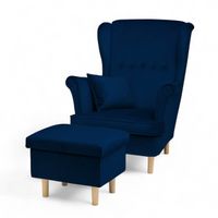Granatowy Fotel Uszak + Podnóżek ze schowkiem + Poduszka