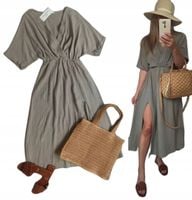 Sukienka muślinowa długa bawełna khaki rozcięcie