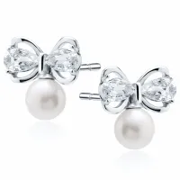 RODOWANE SREBRNE KOLCZYKI KOKARDKI WSTĄŻKI PERŁY PEREŁKI BIAŁE CYRKONIE