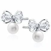 RODOWANE SREBRNE KOLCZYKI KOKARDKI WSTĄŻKI PERŁY PEREŁKI BIAŁE CYRKONIE