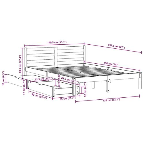 Rama łóżka bez materaca, woskowy brąz, 135x190 cm, lita sosna na Arena.pl