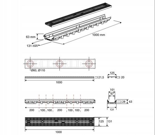 Odwodnienie liniowe 1000x63x131mm 1,5Tony MAX-DRAIN Krata Line Popiel na Arena.pl