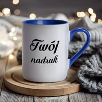 Biały kubek z Twoim nadrukiem niebieskie wnętrze i ucho