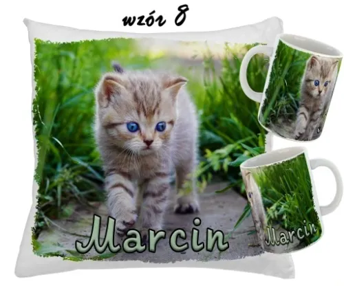 Zestaw KUBEK + PODUSZKA KOTY KOT + RÓŻNE WZORY + IMIĘ UNIKALNY WYJĄTKOWY na Arena.pl