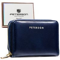 mały, granatowy portfel damski ze skóry ekologicznej wyposażony