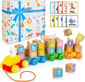 DREWNIANE KLOCKI KOLEJKA LITERKI DREWNIANY POCIAG KLOCKI Montessori