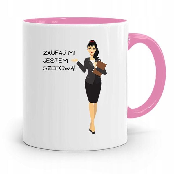 Kubek Różowy Prezent Dla Szefa Zaufaj Mi Z Nadrukiem Ze Zdjęciem zdjęcie 1
