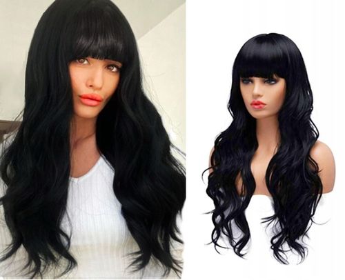 PERUKA DAMSKA WŁOSY DŁUGIE CZARNE FALE SZTUCZNE SYNTETYCZNE 65 CM Z GRZYWKĄ na Arena.pl