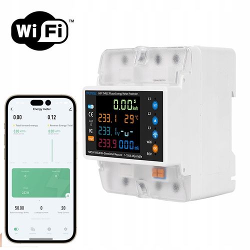 Licznik energii prądu 3-fazowy 2-kierunki PV przekaźnik 100A LCD WiFi na Arena.pl