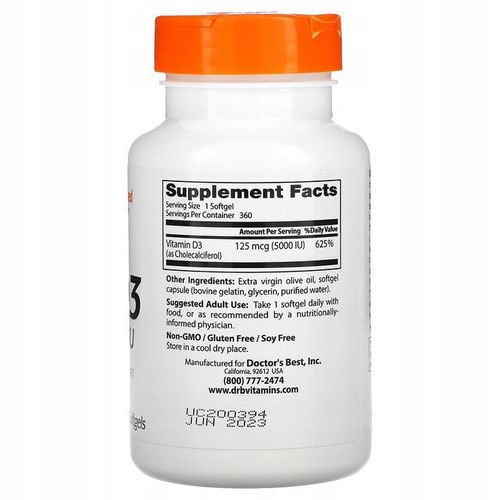 Doctor's Best WITAMINA D3 5000mg 360 kapsułek na Arena.pl