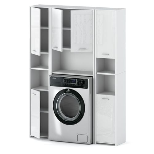 Zestaw Łazienkowy Pojemna Szafka Stojąca Nad Pralkę Słupek Biały Połysk na Arena.pl