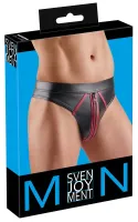 svenjoyment m thong s czarny wetlook z czerwonymi paskami, zamek, s