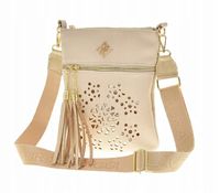 Laura Biaggi - torebka listonoszka ażurowe zdobienie chwosty beżowy L324032