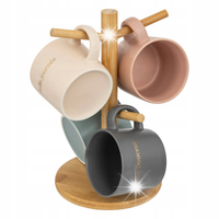 KUBKI DO KAWY KOLOROWE PORCELANOWE ZESTAW NA DREWNIANYM STOJAKU BELLE 200ml