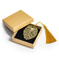 Zakładka do Książki Liść Monstery Metalowy Złoty Frędzel + Ozdobne Pudełko