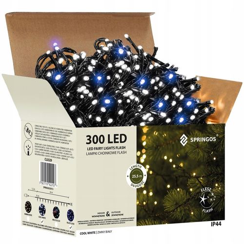 LAMPKI CHOINKOWE 300LED 24m zewnętrzne GRUBE ZIMNE BIAŁE + NIEBIESKI FLASH na Arena.pl