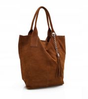 VERA PELLE torebka damska zamszowa worek shopper z suwakiem V146 brązowa