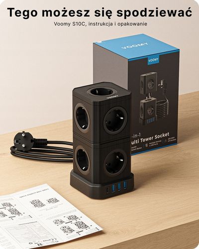 Voomy Stack Power Cube 10 - 2M power socket, 3 USB-A and 1 USB-C 20W Czarny na Arena.pl