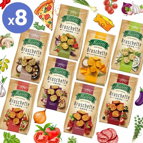 8x MIX Pieczone chlebowe krążki chipsy przekąska 70g Bruschette Maretti zdjęcie 1
