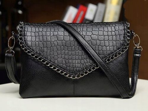 Torebka Damska CZARNA Kopertówka Łańcuch na Ramię Pasek EKO Skóra Krokodyla na Arena.pl