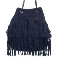 VERA PELLE torebka zamszowa listonoszka z frędzlami V569 granatowa