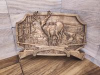 Drewniany Płaskorzeźba las obraz JELEŃ prezent dla myśliwego 34 cm