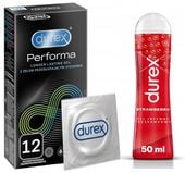 DUREX Performa 12szt Opóżniające + Żel Intymny Truskawka 50ml